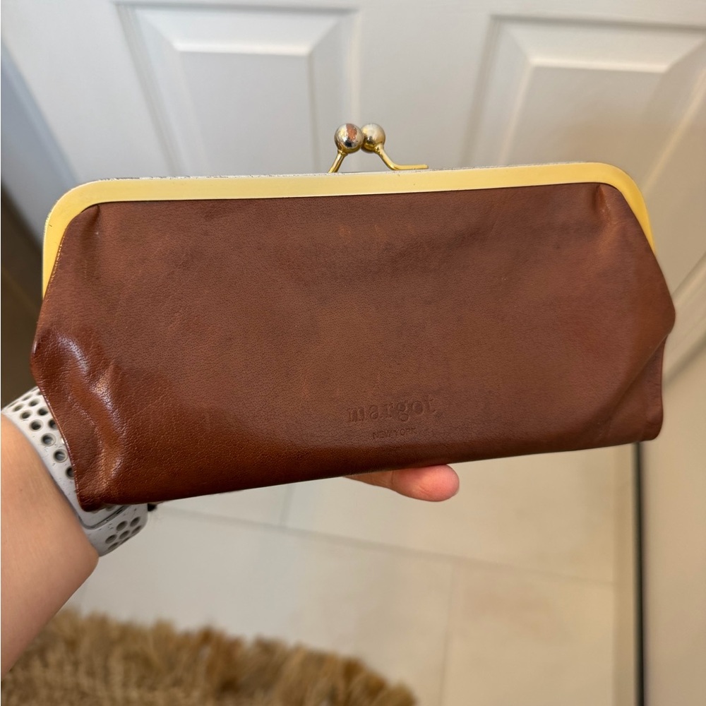 margot Brown Leather Kiss-Lock Clutch with Yellow Trim